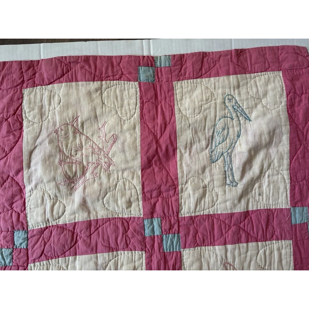 Vintage Baby Quilt Bunny Birds Owl Farmhouse Embroidered Hand Stitched Hearts